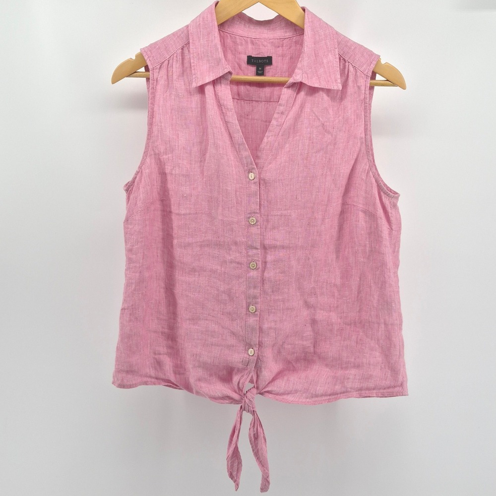 Talbots Pink 100%‎ Linen Sleeveless Button-Front Tie-Hem Top Women's Medium - Picture 2 of 9